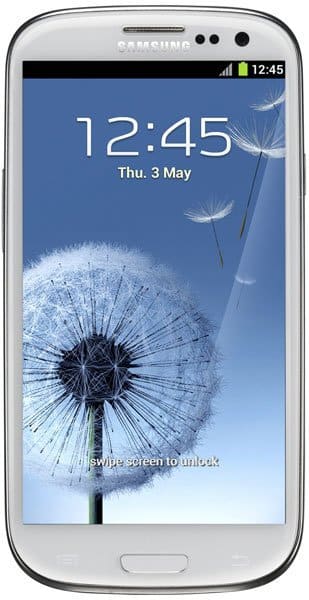 Samsung Galaxy S III front view with lock screen displaying time 12:45, date Thu. 3 May, and dandelion wallpaper