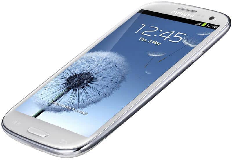 Samsung Galaxy S III front view with white body, displaying lock screen with dandelion design and time 12:45