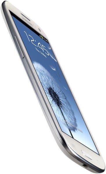 Samsung Galaxy S III, white, displayed at an angle showing the front screen with blue wallpaper and side profile