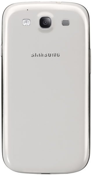 Samsung Galaxy S III, white, rear view showing camera, flash, and speaker