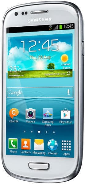 Samsung Galaxy S III mini, front view, displaying home screen with weather widget, app icons, and Google search bar