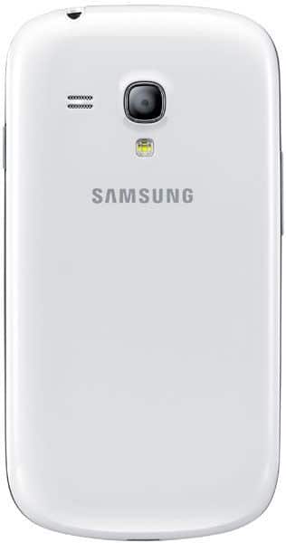 Samsung Galaxy S III mini, rear view, white with camera and speaker grilles visible