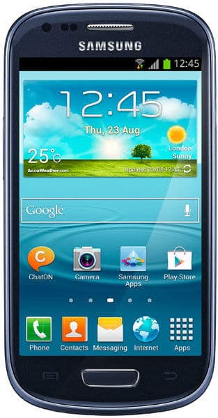 Samsung Galaxy S III mini front view, displaying home screen with weather widget, time 12:45, and app icons including Phone, Contacts, Messaging, and Play Store