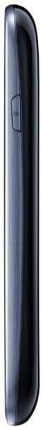 Samsung Galaxy S III mini, side view, dark blue phone with curved edges and power button visible