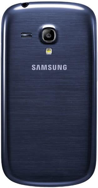 Samsung Galaxy S III mini rear view, blue finish with camera lens and speaker grille visible