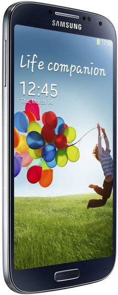 Front view of Samsung Galaxy S4 showing lock screen, "Life companion," 12:45, March 14, with colorful balloon background.