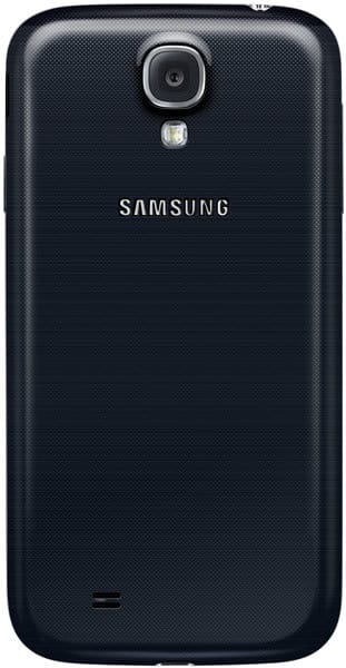 Rear view of black Samsung Galaxy S4 showing camera, flash, speaker grille, and centered Samsung logo on textured back.