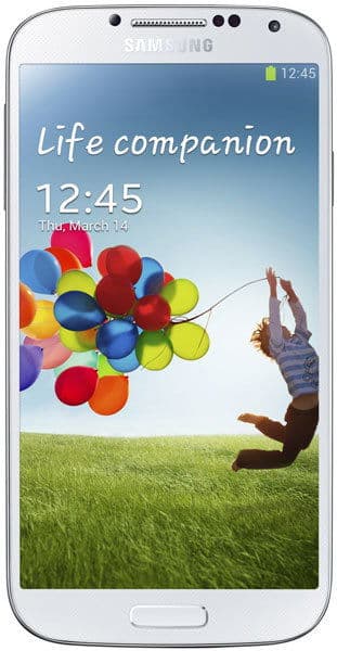 Front view of Samsung Galaxy S4 showing lock screen with "Life companion," 12:45 time, March 14 date, and balloon wallpaper.