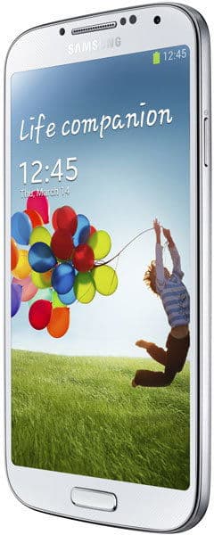 Front view of a white Samsung Galaxy S4 showing its home screen with "Life companion," 12:45, and colorful balloons.