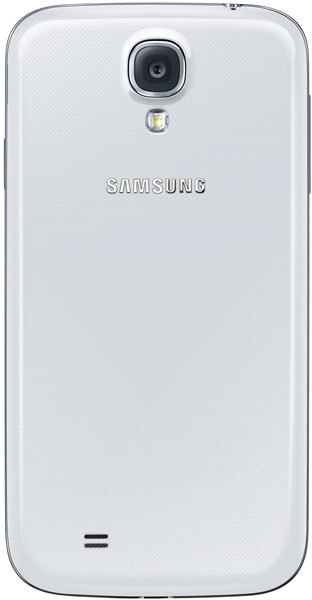 Rear view of white Samsung Galaxy S4 with centered logo, rear camera, flash below it, and speaker grille at bottom left.