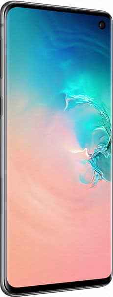 Samsung Galaxy S10 front view with gradient display showing blue and pink wallpaper with water splash design