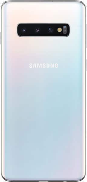 Samsung Galaxy S10 rear view with gradient white and blue finish, quad camera array, and gold accent