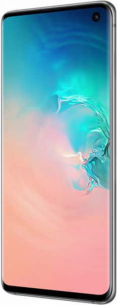 Samsung Galaxy S10 front view with gradient blue and pink wallpaper on screen