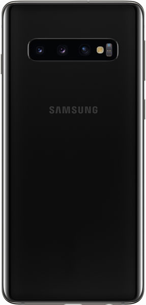 Samsung Galaxy S10 rear view, black, showing quad camera array and Samsung branding
