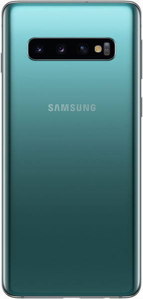 Samsung Galaxy S10 rear view in teal, showing triple camera array and flash