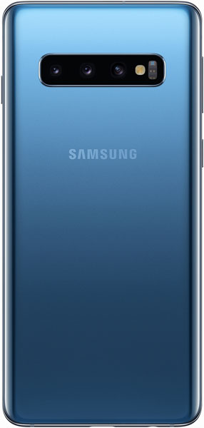 Samsung Galaxy S10 rear view in blue, showing quad camera setup and Samsung branding