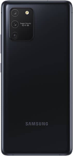 Samsung Galaxy S10 Lite rear view showing black finish, triple camera setup, and Samsung logo