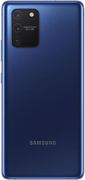 Samsung Galaxy S10 Lite rear view, blue finish with triple camera module and LED flash