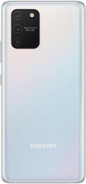 Samsung Galaxy S10 Lite rear view, white and blue gradient back with triple camera module and Samsung logo