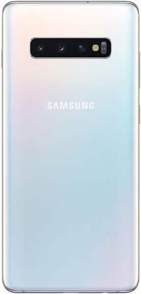 Rear view of Samsung Galaxy S10+ in white iridescent finish, showing triple rear cameras, flash, and centered Samsung logo.