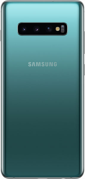 Rear view of teal Samsung Galaxy S10+ showing brand logo and horizontal triple camera with flash near the top.