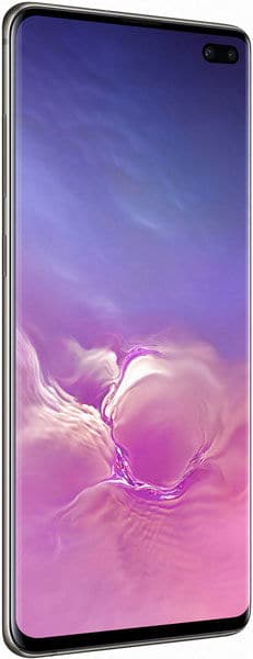 Front view of Samsung Galaxy S10+ with edge-to-edge display, slim bezels, and dual front cameras in the top right corner.