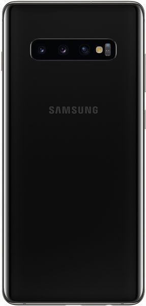 Rear view of black Samsung Galaxy S10+ showing triple cameras, LED flash, and centered Samsung logo on glossy back.