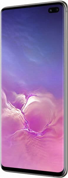 Front view of Samsung Galaxy S10+ with slim bezels, dual front camera cutout (top right), and abstract purple-pink wallpaper.
