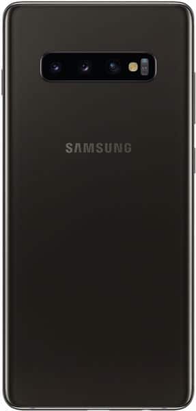 Rear view of black Samsung Galaxy S10+ showing triple cameras and flash in a horizontal row, Samsung logo below.