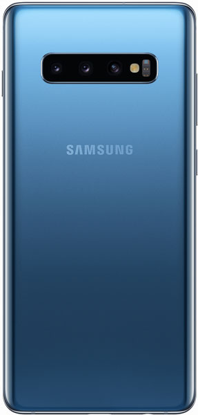 Rear view of blue Samsung Galaxy S10+ with three horizontal cameras, top flash module, and centered Samsung logo.