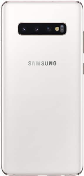 Rear view of white Samsung Galaxy S10+ with horizontal triple camera, flash module, and centered Samsung logo below cameras.