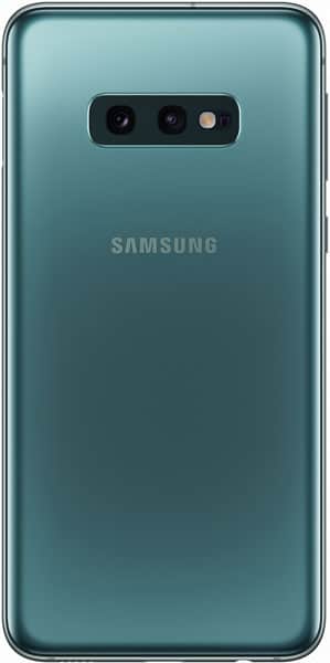 Samsung Galaxy S10e rear view in teal, showing dual camera setup and Samsung branding