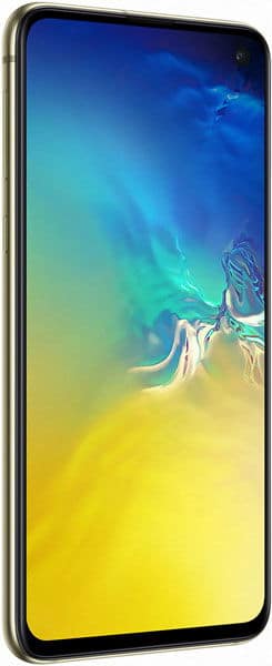 Samsung Galaxy S10e front view with blue and yellow gradient wallpaper on screen