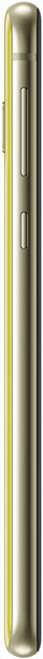 Samsung Galaxy S10e, side view, showing the phone's profile with gold frame and dark display