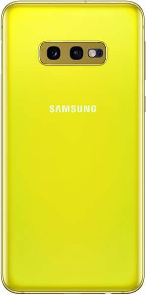 Samsung Galaxy S10e rear view in yellow, showing dual camera setup and Samsung branding