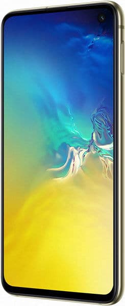 Samsung Galaxy S10e front view displaying blue and yellow gradient wallpaper on screen