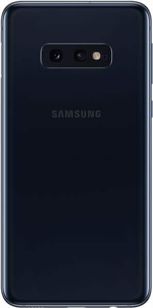 Samsung Galaxy S10e rear view, black finish with dual camera lens and flash