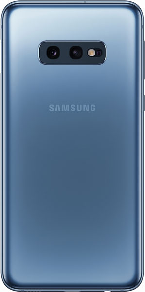 Samsung Galaxy S10e rear view, prism blue, showing dual camera setup and Samsung branding