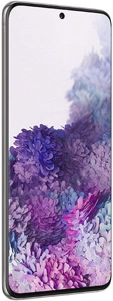 Front view of Samsung Galaxy S20 showing slim bezels, centered front camera, and purple-pink abstract pattern on the display.
