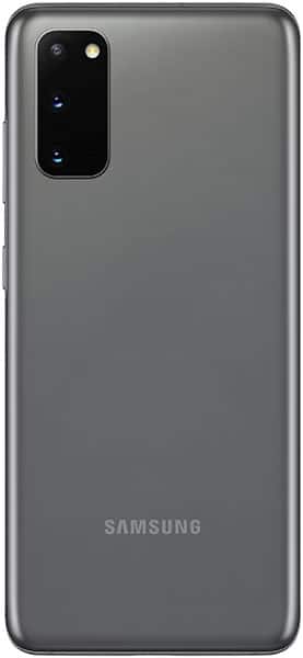 Rear view of gray Samsung Galaxy S20 showing triple camera with flash in top left and SAMSUNG logo at the bottom.