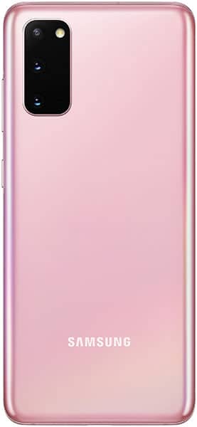 Rear view of pink Samsung Galaxy S20 showing triple-lens camera module and flash in top left, Samsung logo near the bottom.