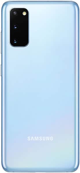 Rear view of light blue Samsung Galaxy S20, showing triple-lens camera module and flash in top left, SAMSUNG logo at bottom.