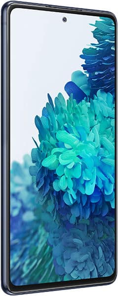 Samsung Galaxy S20 FE front view at a slight angle, thin bezel, centered front camera, blue-green abstract design on screen.