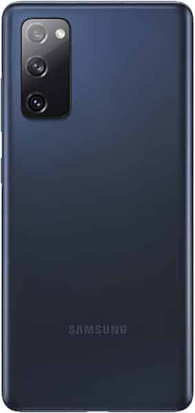 Rear view of dark blue Samsung Galaxy S20 FE showing triple cameras, flash in vertical module, and Samsung logo at bottom center.
