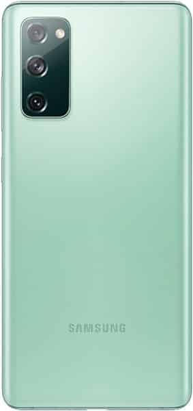 Rear view of mint green Galaxy S20 FE with triple vertical cameras, flash in top left corner, and Samsung logo at bottom.