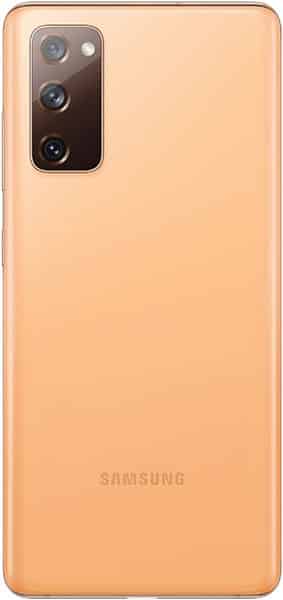 Rear view of orange Samsung Galaxy S20 FE showing three vertical cameras, flash top left, and centered Samsung logo at bottom.