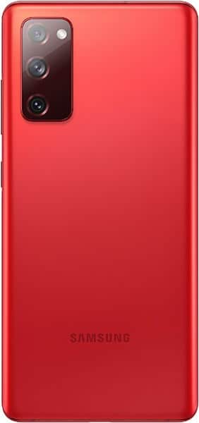 Rear view of red Samsung Galaxy S20 FE with triple cameras and flash in top left; Samsung logo centered near bottom.