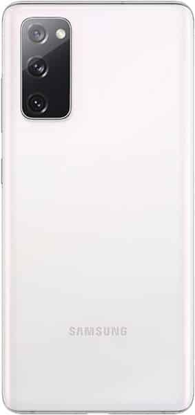 Rear view of white Samsung Galaxy S20 FE showing triple cameras top left and Samsung logo at lower center.