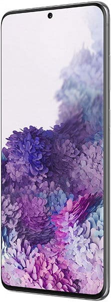 Samsung Galaxy S20+ front view displaying purple and pink ink cloud wallpaper on screen