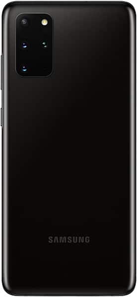 Samsung Galaxy S20+ rear view, black finish, showing quad camera array and Samsung logo